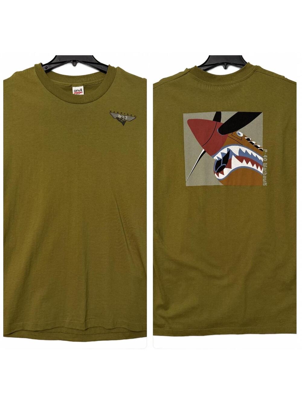 VINTAGE Warbirds P-40 Warhawk T-Shirt Size XL Green Single Stitch Anvil 1995 USA